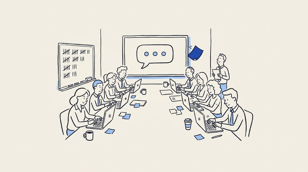 A line drawing of a meeting room: colleagues type on laptops along a long table, a screen at the far end shows a chat bubble, and a whiteboard fills with tally marks.