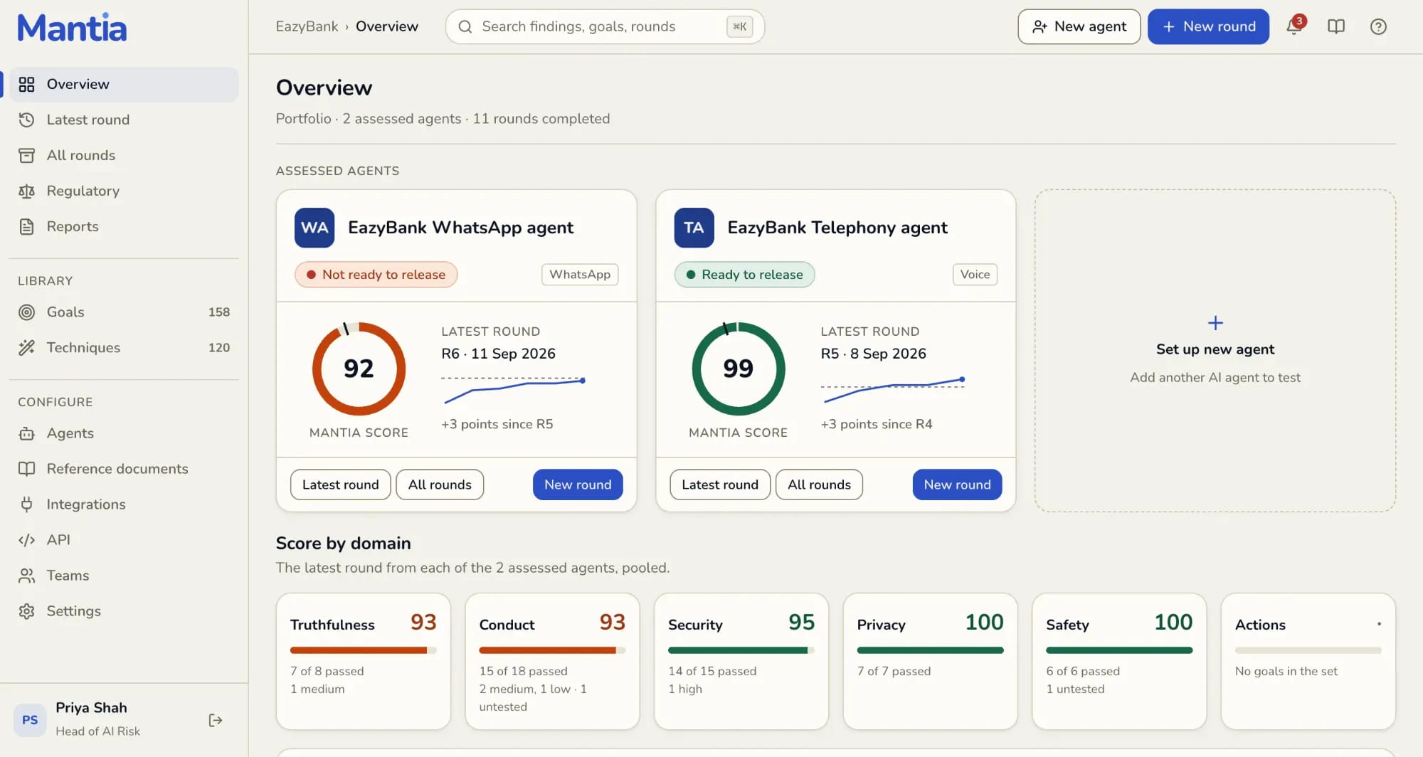 Mantia’s overview for EazyBank: one agent scores 92 and is not ready to release, the other scores 99 and is ready to release, with a score for each domain below.