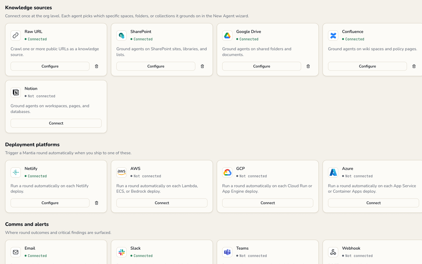 Mantia integrations screen, with knowledge sources such as SharePoint, Google Drive and Confluence connected, and deployment platforms set to trigger a round on each release